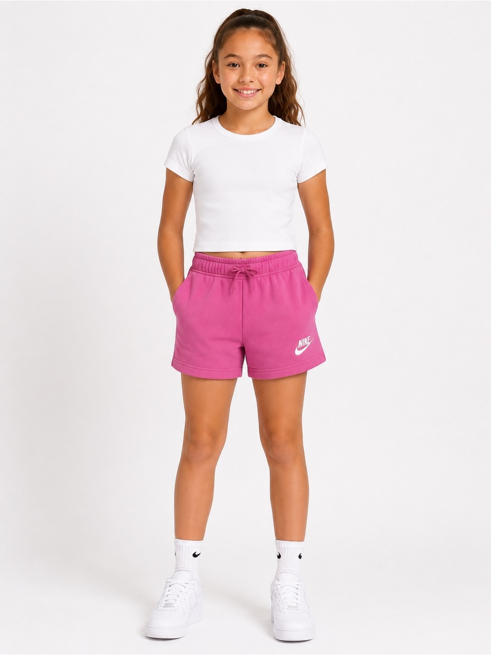 Nike Girls Pink Fleece Shorts Youth Large Embroidered Logo Pockets Cotton Blend